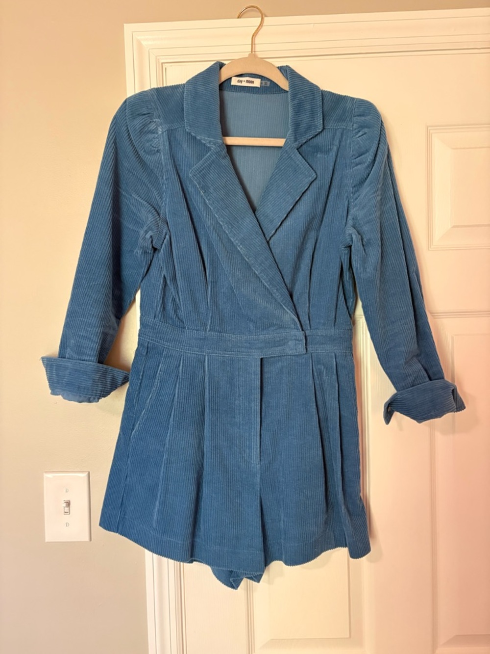 Women's Light Blue Corduroy Wrap Romper with Belted Waist - Picture 3 of 5